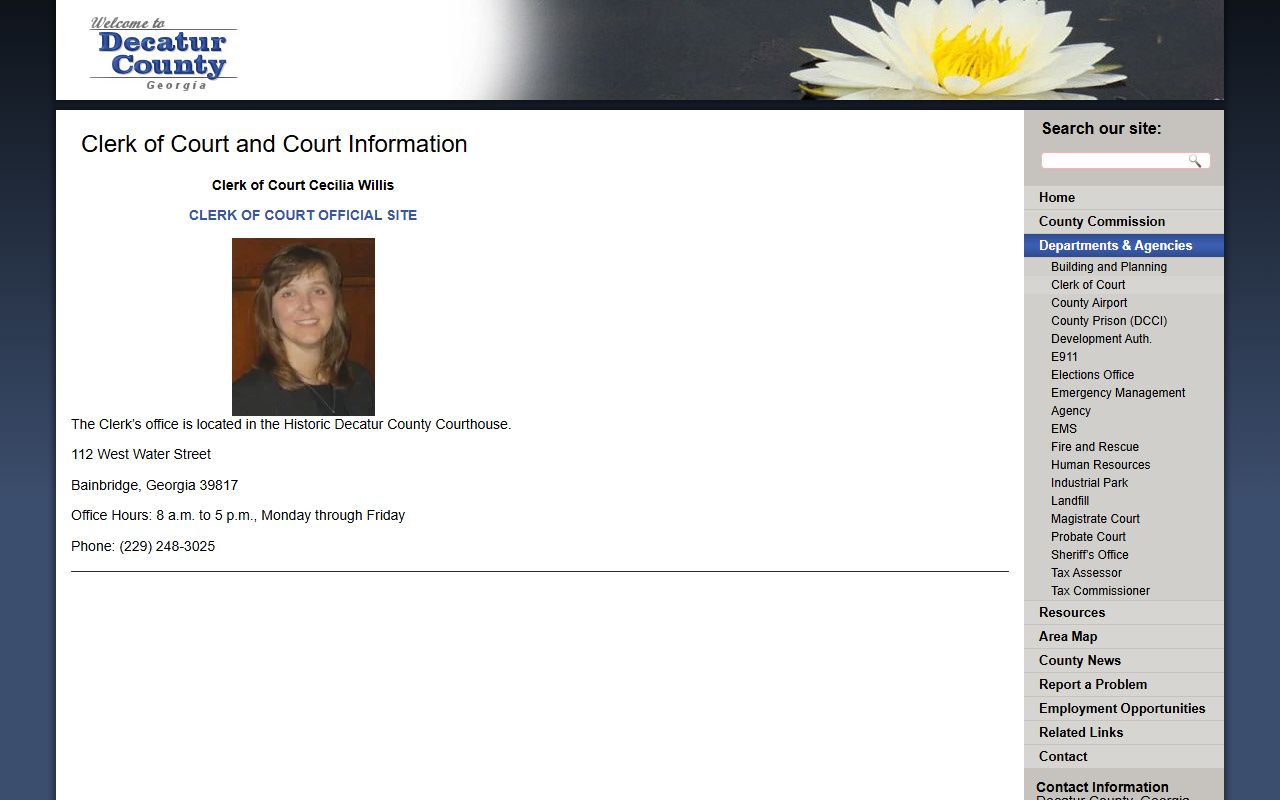 Decatur County court records Clerk of Court page for court case access after arrest