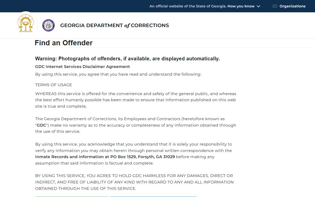 GDC offender query form for state custody photos distinct from Decatur County jail mugshots