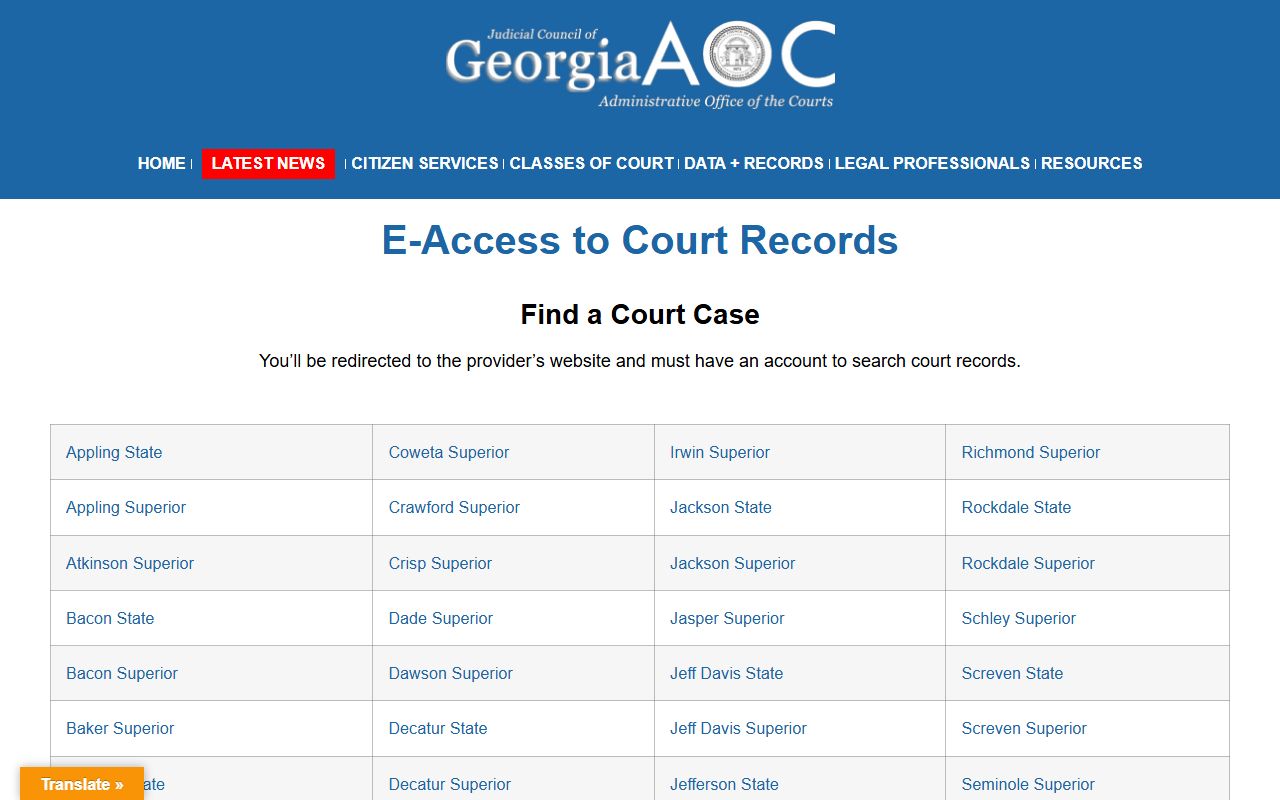 Georgia e-access court records page for Decatur County State and Superior Court arrest case lookup