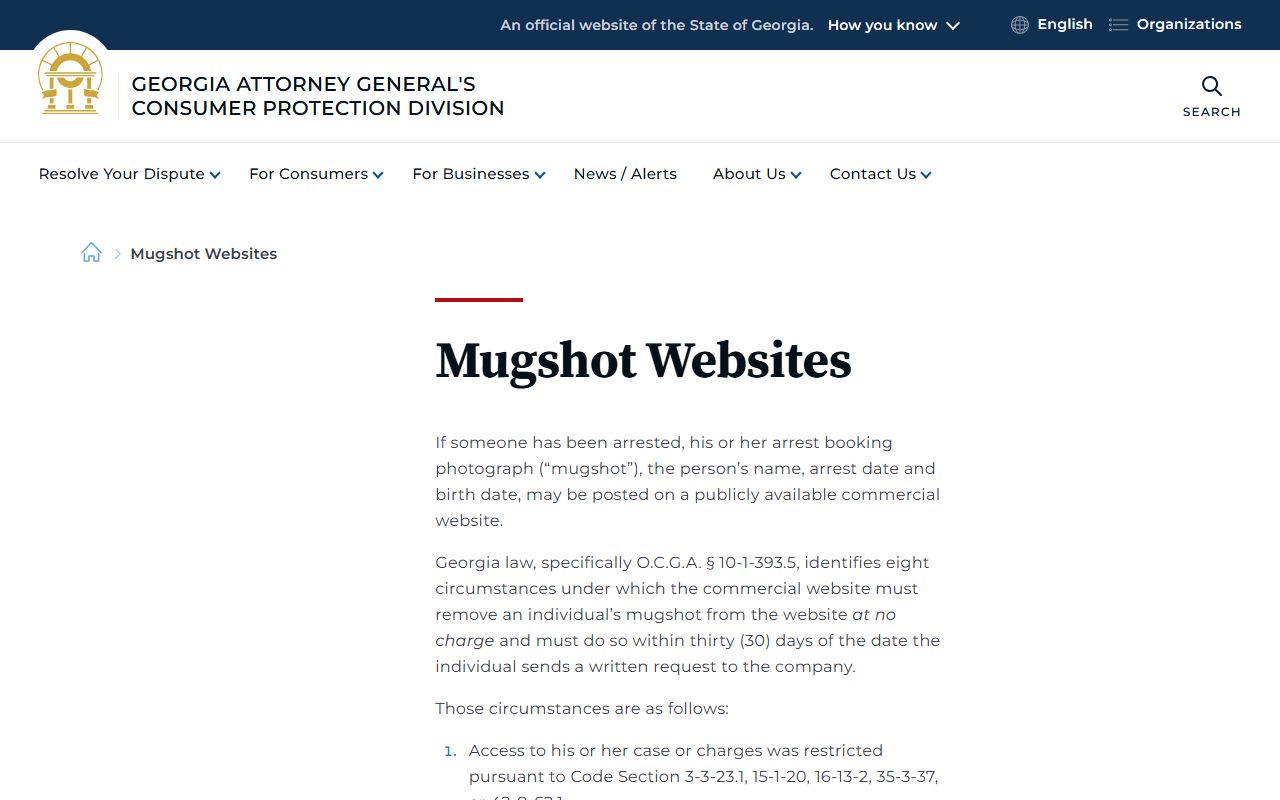 Georgia consumer protection mugshot website guidance for Decatur County booking photo issues
