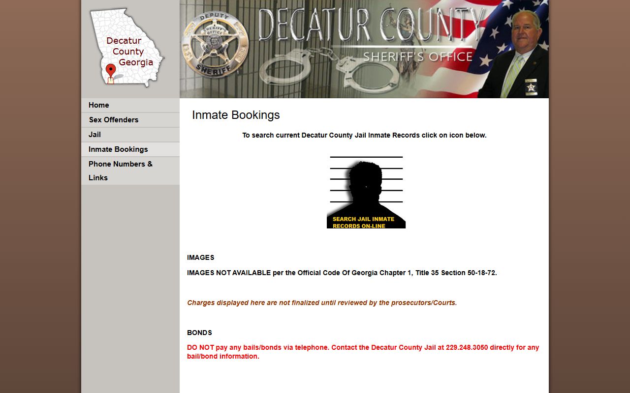 Decatur County Sheriff's Office inmate bookings page linking to current jail inmate records