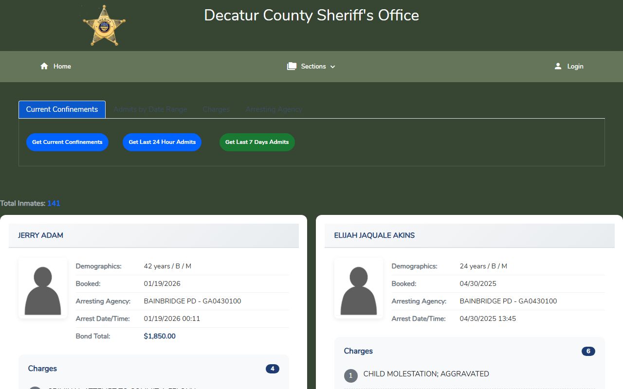 Southern Software Citizen Connect booking search interface for Decatur County Sheriff's Office